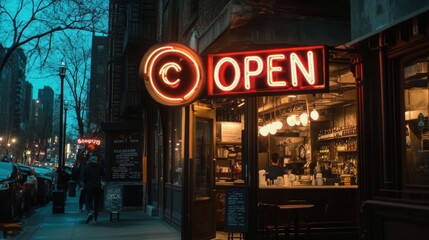 Fototapeta premium Open sign in store in city street.