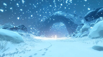 Naklejka premium A serene snowy landscape with an archway, illuminated by soft light and falling snowflakes.