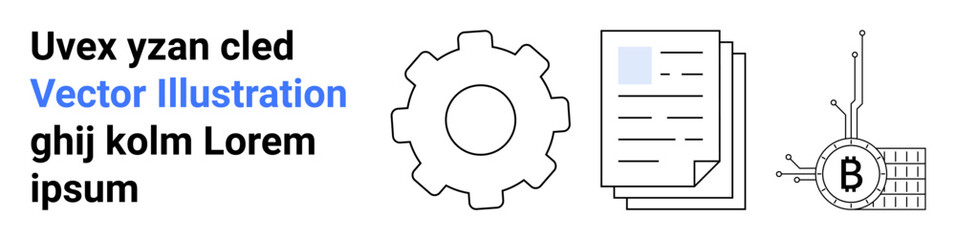 Gear icon, document stack, and cryptocurrency symbol. Ideal for technology, finance, blockchain, business, engineering, digital content data analysis Landing page