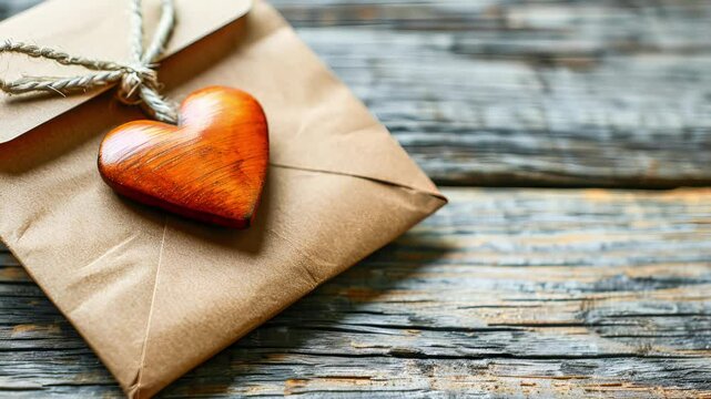 Craft envelope with a wooden heart on rustic wood, symbolizing love for valentine's day