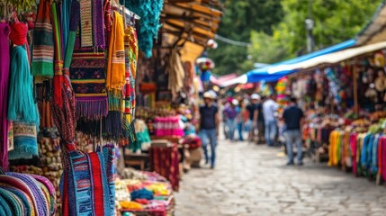 Fototapeta premium Colorful Scarves Hanging in a Vibrant Market Stall with Blurred People in the Background