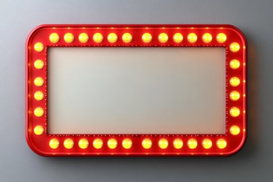 Vintage Rectangular Marquee Sign with Glowing Yellow Bulbs on Gray Background 3D Rendering