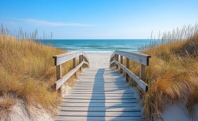 Rustic wooden boardwalk leading to serene beach with calm ocean waves and blue sky