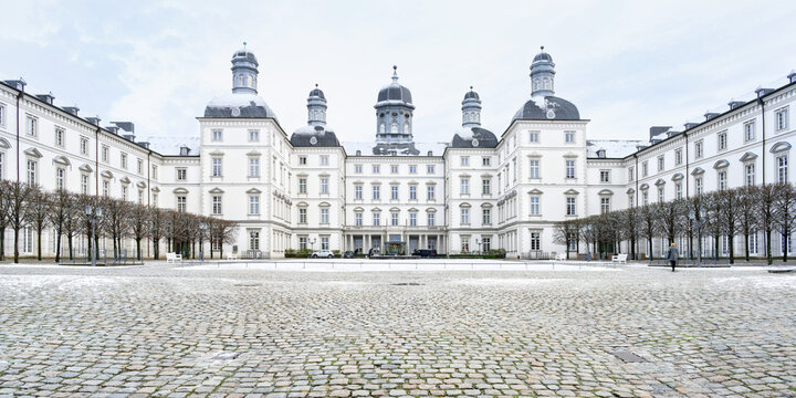 The Bensberg hunting lodge, built in the early 18th century and now used as a grand hotel, is covered in the first snow of November