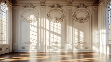 Fototapeta premium white empty room with shadow window and green plant on white wall luxury background and wooden floor 