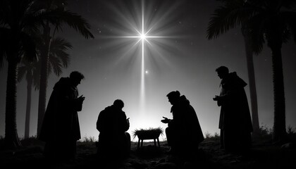 Silhouettes of the Magi kneeling before the manger in a dramatic and reverent scene