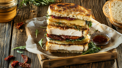 Hearty sandwiches with roasted turkey, arugula, and sun-dried tomatoes on a wooden tray