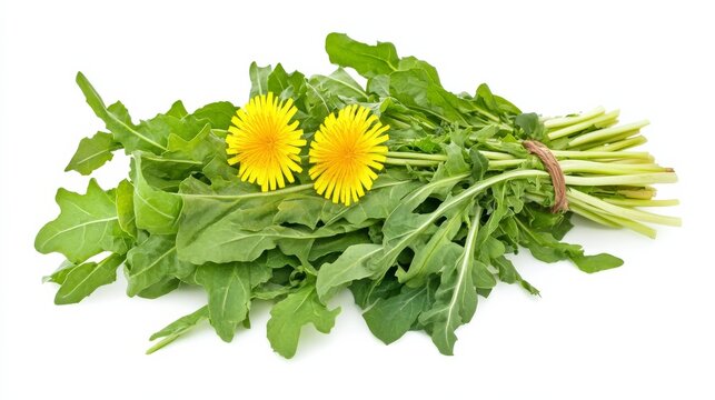 A fresh bunch of dandelion greens with their vibrant green leaves and bitter taste, Each leaf&rsquo;s bright color and subtle imperfections captured with precision