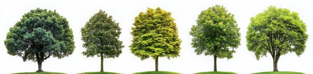 Fototapeta premium Five Unique Trees with Diverse Shapes on White Background