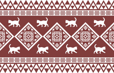 Cat pattern. Seamless. White stripes, colorful background. Ethnicity. Floral patterns, printed fabrics, pants, Lanna.