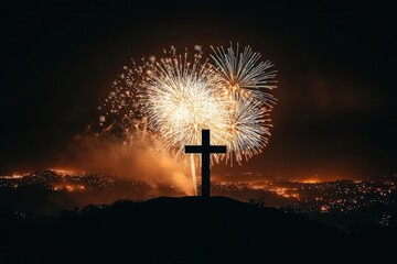 Cross Silhouette at Night with Fireworks Celebrating Christmas and New Year