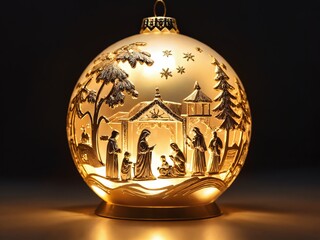 Ornate glass ornament with illuminated nativity scene capturing the essence of Christmas tranquility
