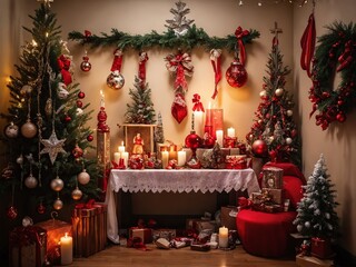 Christmas decoration display with trees, gifts, and candles in a cozy indoor setting during the holiday season