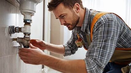 A skilled professional inspects and repairs plumbing under a sink in a kitchen. Tools and materials are at hand as he addresses water leakage and pipe issues