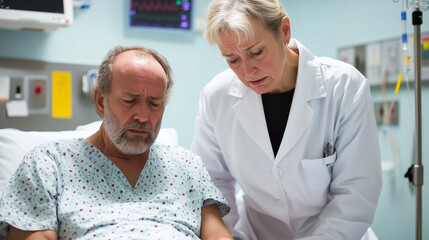 Obraz premium Doctor consulting with a patient in a hospital room, serious medical discussion, healthcare professionalism