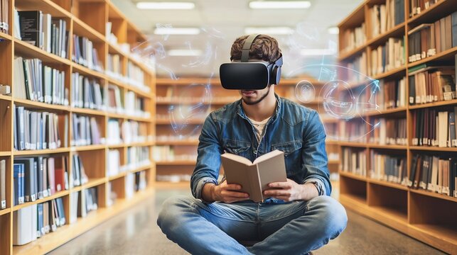 A young male student deeply immersed in a virtual reality educational experience surrounded by glowing holographic displays in a futuristic library setting  The image conveys the concept of advanced