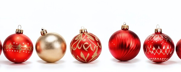 Variety of decorative Christmas ornaments in vibrant red and gold colors arranged symmetrically for holiday celebrations