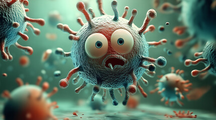 Cartoon-style virus with exaggerated facial expression, humorous microbiology concept, vibrant 3D illustration