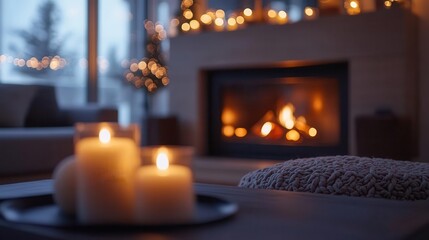 Cozy fireplace area with elegant decor and diffused lighting