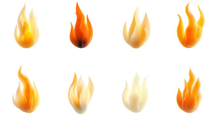 Illustration showcasing eight stylized flames, each with varying shades of orange and red, set against a white background.