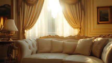 Elegant living room with luxury fabrics and diffused sunlight