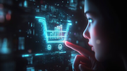 Glowing shopping cart hologram digital sale promotion poster design for holiday shopping season.