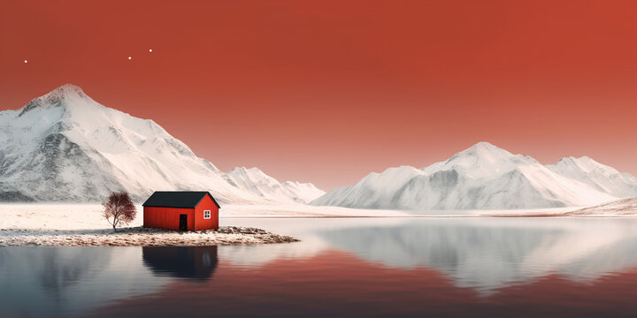 Casetta rossa tra la neve.
