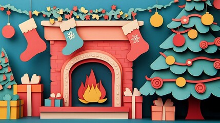 Beautifully crafted papercut scene depicting a cozy festive living room with a warm hanging above a fully decorated Christmas tree and stacks of wrapped gifts underneath