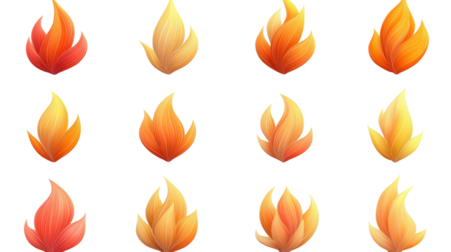 Various stylized flame icons with gradient colors in red, orange, and yellow, depicted in different shapes and patterns on a white background.