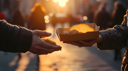 Generous Volunteer Extending Food to a Homeless Person, Captured with Backlighting in Warm Tones to Symbolize Charity, Compassion, and Community Support