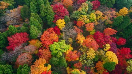 Naklejka premium Breathtaking autumnal woodland landscape with a vibrant carpet of red orange and yellow leaves scattered across the forest floor creating a stunning natural tapestry of colors