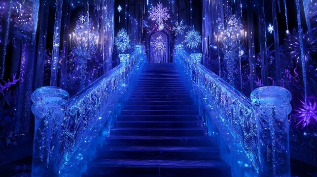 Breathtaking ice palace decorated with a dazzling display of magical Christmas lights glistening icicles and an enchanting grand staircase adorned with intricate snowflakes