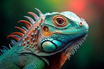 Fototapeta premium Close-up of Colorful Iguana with Intricate Scales and Textures Against Gradient Background