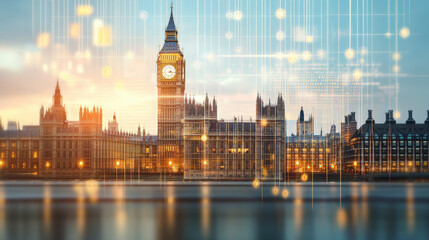 Fototapeta premium The image depicts the iconic Big Ben and Houses of Parliament in London, enhanced with digital light effects, reflecting a fusion of tradition and technology.