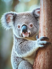 Obraz premium Cuddly koala gazing inquisitively from its perch on an eucalyptus tree under the warm Australian sun in a vibrant forest setting