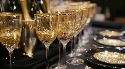 Elegant table setting with sparkling glasses and plates for a festive occasion.