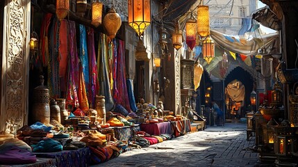 Naklejka premium Bustling Middle Eastern Marketplace with Vibrant Displays of Colorful Textiles Fragrant Spices and Ornamental Lanterns Traditional Shopping Experience in an Exotic Town Setting