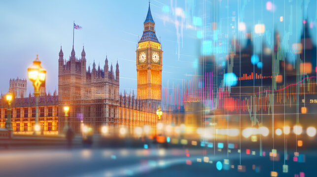 Big Ben and the Houses of Parliament at dusk, blended with digital financial charts, symbolize the intersection of tradition and modern economic trends.