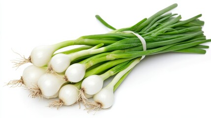 A fresh bunch of green onions with their crisp white bulbs and long green tops, Each onion&rsquo;s bright color and subtle imperfections captured with precision