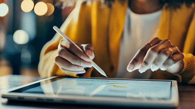 Close up view of a student s hand using a digital stylus on a tablet device in an online learning or educational environment  The image represents the concept of modern