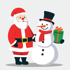 Merry Christmas, winter holiday flat design. Cute christmas illustration of a Santa and Snowman with giftbox. Xmas season characters. Vector illustration isolated on white background