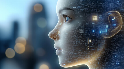 Artificial intelligence processing data in futuristic cyborg child face