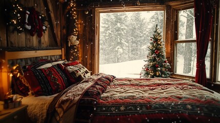 Cozy and Festive Holiday Themed Bedroom with Decorated Christmas Tree by the Window Snow Falling Outside and Warm Comfortable Bedding