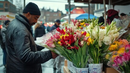 Man in a black jacket and hat buys flowers at a market