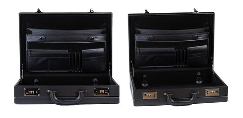 Obraz premium Open empty black office suitcase with multiple compartments, two views of opened briefcase interior isolated on white cut out, versatile leather business case documents, professional storage organizer