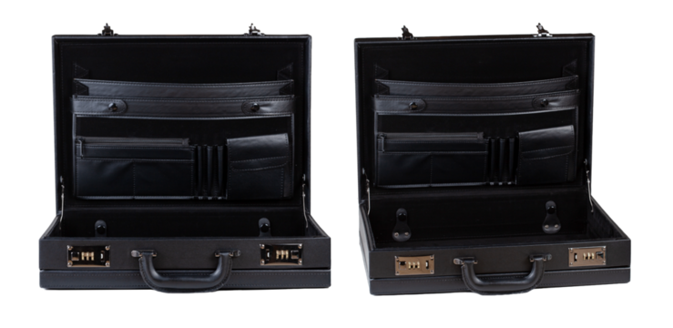 Open empty black office suitcase with multiple compartments, two views of opened briefcase interior isolated on white cut out, versatile leather business case documents, professional storage organizer