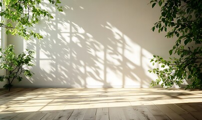 Fototapeta premium white empty room with shadow window and green plant on white wall luxury background and wooden floor 