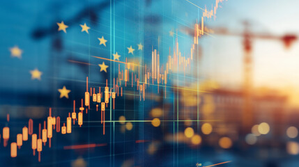 A financial chart overlays a blurred background with European Union stars and cranes, symbolizing economic growth and development in the EU region.