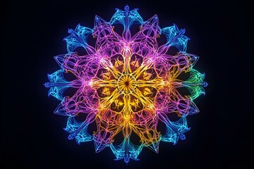 A dynamic neon wireframe representation of a snowflake, rich in detail and color, set against a black background in 3:2 ratio with a size of 50.