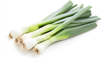 A fresh bunch of leeks with their long green leaves and white bulbs, Each leek&rsquo;s vibrant color and subtle imperfections captured with precision